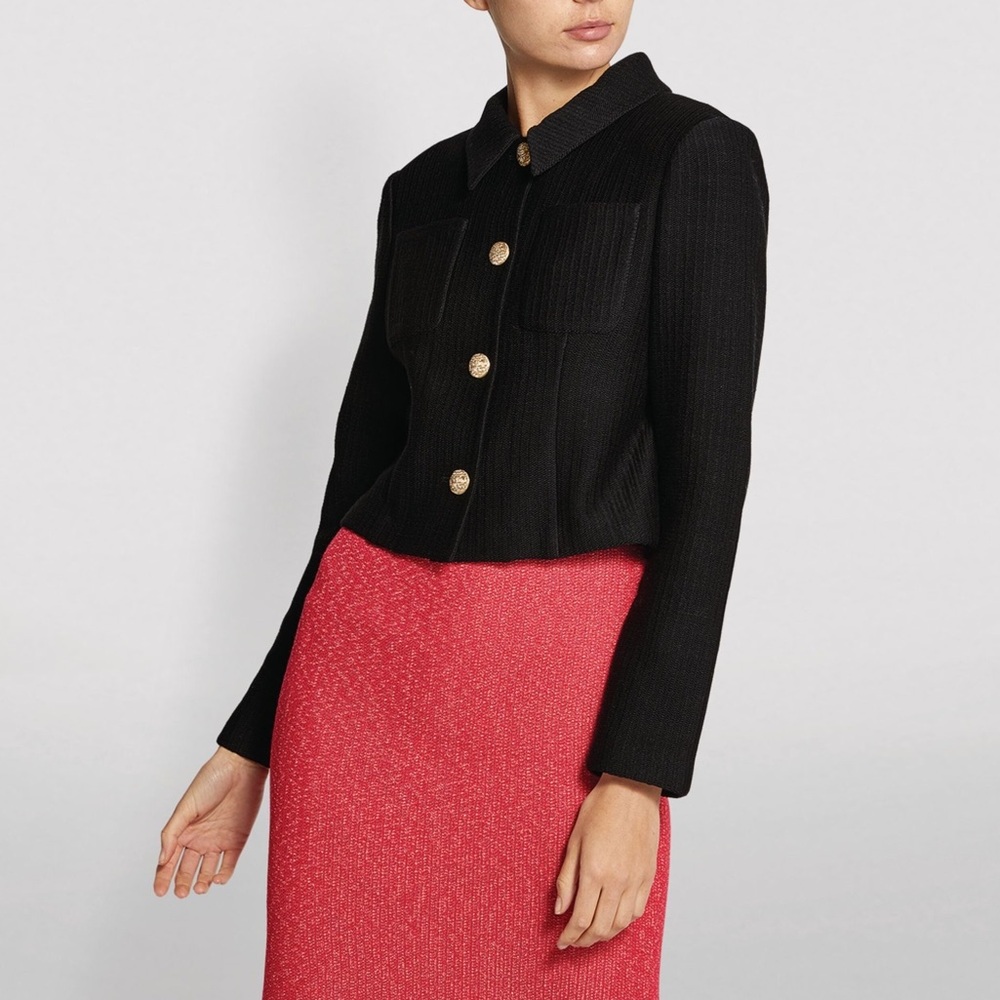 St. John Float Jacquard Knit Lady Jacket Black Collared Size 8 $1495
